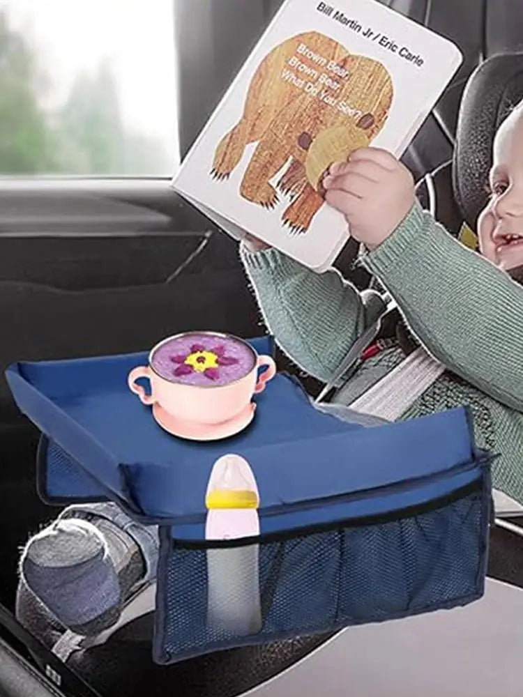 Car Seat Travel Tray Organizer for Kids - Waterproof Play Table with Cup Holder, Snack Storage & Toy Space for Babies and Strollers