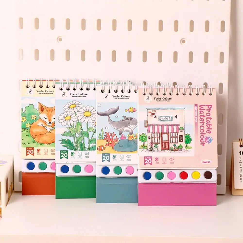 Portable House Coloring Book DIY - 20 Pages Watercolor Painting Set with 6 Colors for Toddler Arts and Crafts