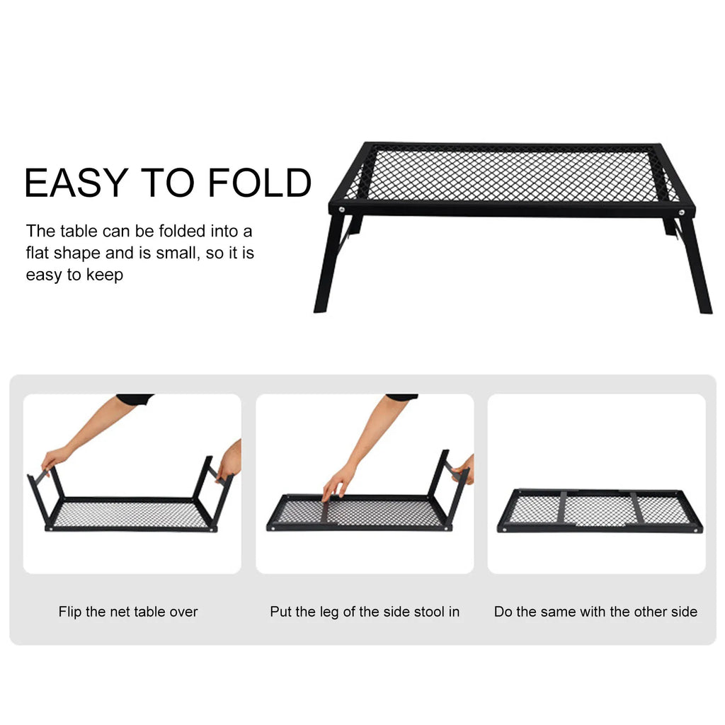 Folding Camp Fire Rack - Heavy Duty Iron Portable Grill for Outdoor Barbecue Cooking
