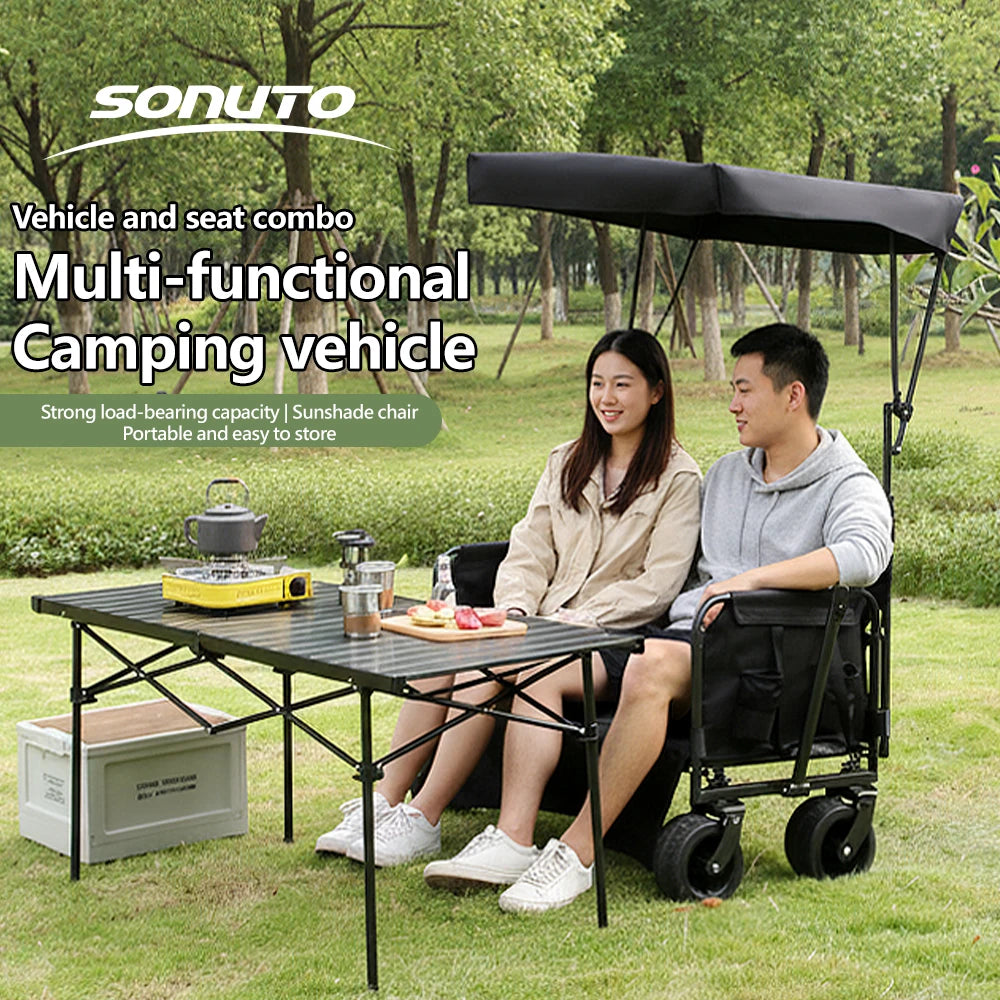 300kg Folding Wagon with Canopy & Seats - Heavy Duty Beach Cart for Camping, Picnic, and Grocery Shopping - Portable Utility Pull Cart