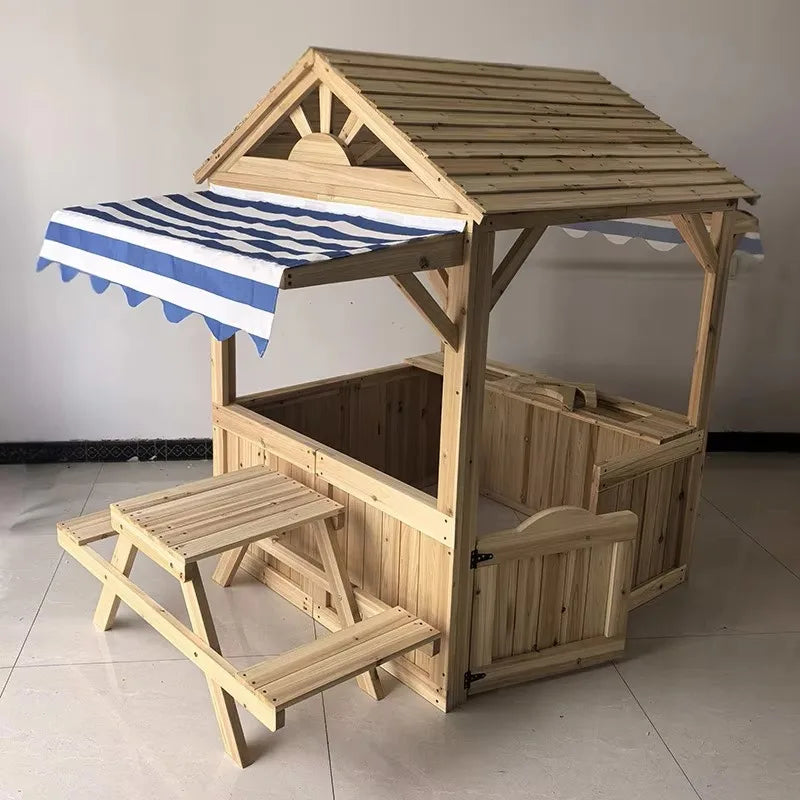 Wooden Kids Playhouse with Kitchen, Snack Bar & Picnic Bench - Outdoor Children’s Play House