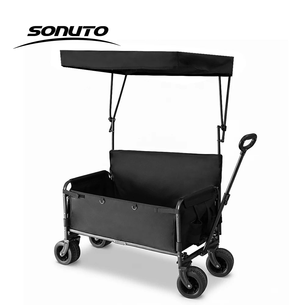 300kg Folding Wagon with Canopy & Seats - Heavy Duty Beach Cart for Camping, Picnic, and Grocery Shopping - Portable Utility Pull Cart