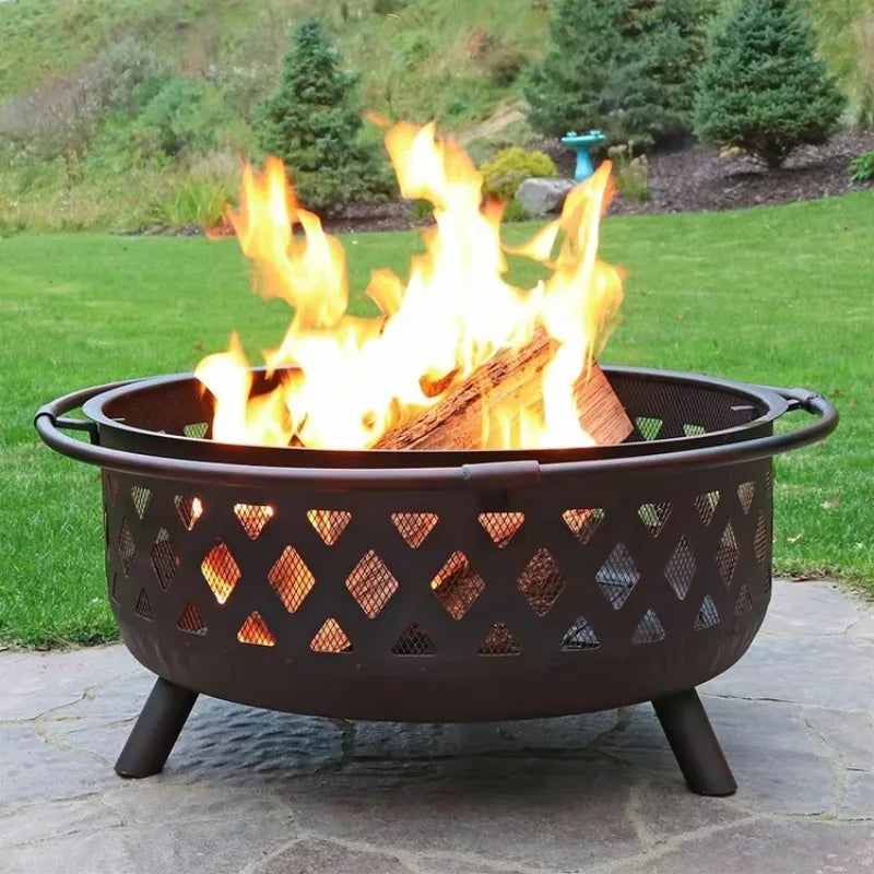 Large Outdoor Fire Pit with Spark Screen - Heavy-Duty Wood Burning Cross Fire Pit