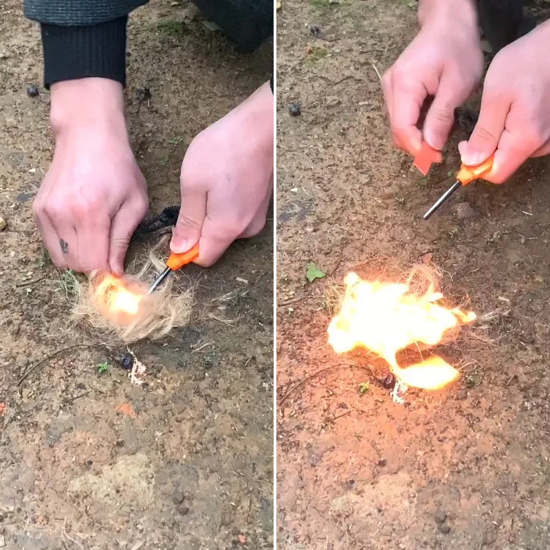 Outdoor Survival Flint Fire Starter with Wooden Handle - Multi-Tool Magnesium Rod and Waterproof Luminous Camping Fire Stick