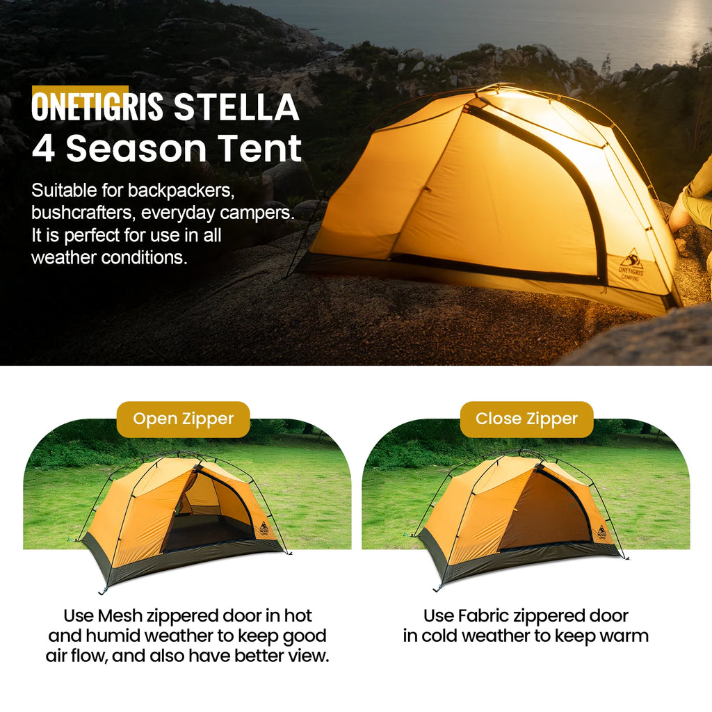 OneTigris Stella 4 Season Camping Tent for 1-2 Persons - Lightweight Double Layer, 3000mm Waterproof for Outdoor Hiking and Beach
