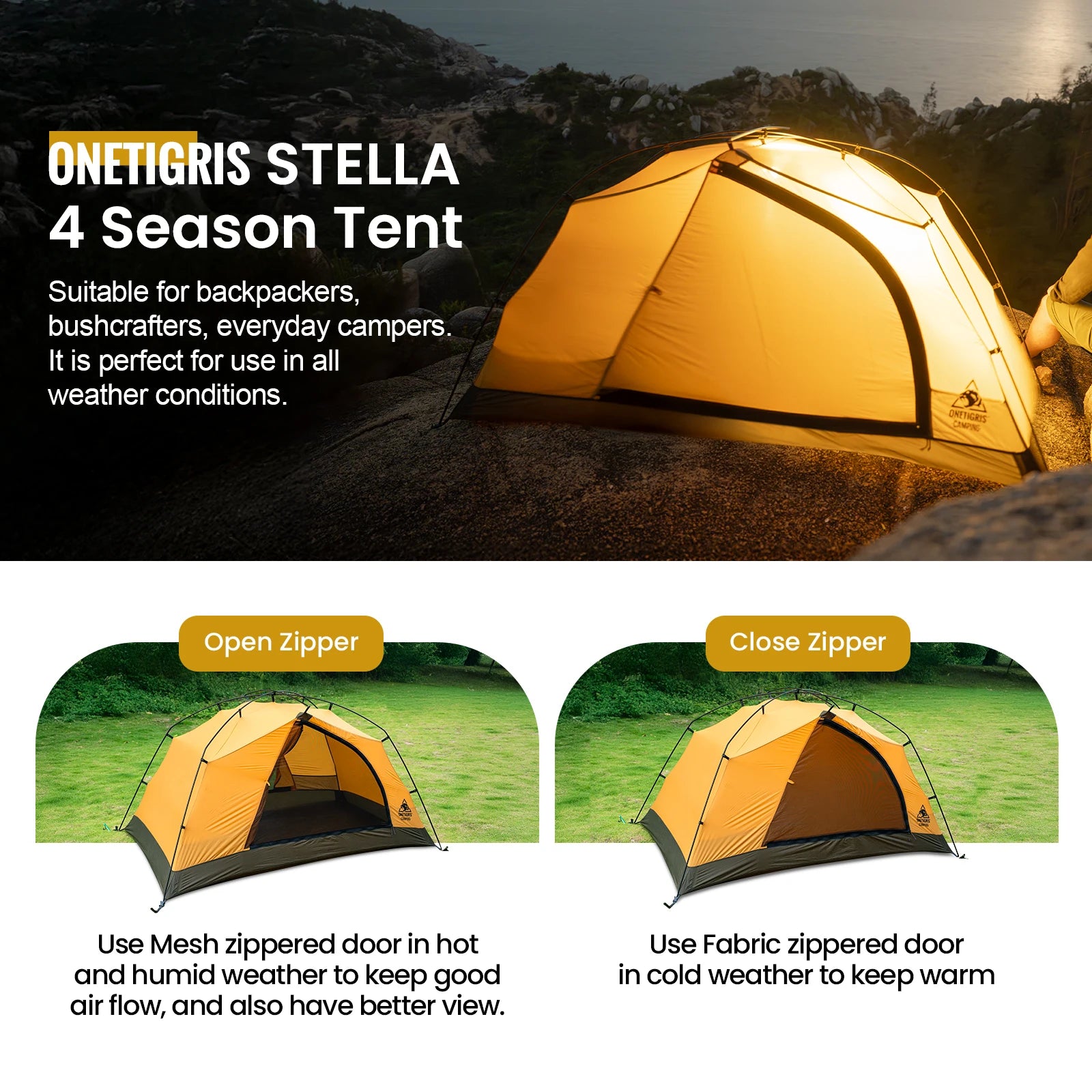 OneTigris Stella 4 Season Camping Tent for 1-2 Persons - Lightweight Double Layer, 3000mm Waterproof for Outdoor Hiking and Beach