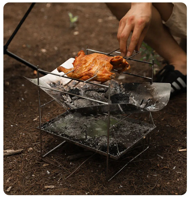 Portable Stainless Steel Fire Pit - Foldable Wood Burning Stove Mini BBQ Rack for Outdoor Camping