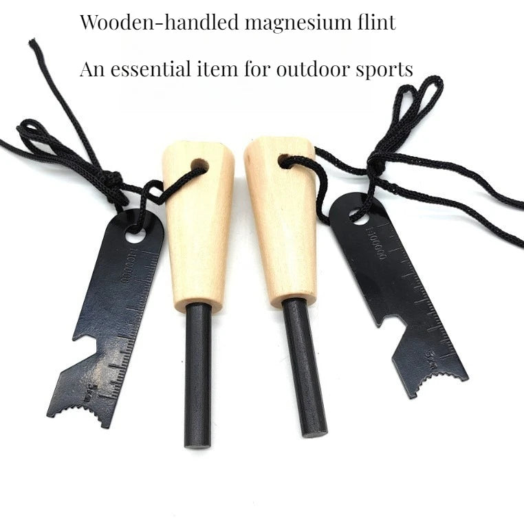 Outdoor Survival Flint Fire Starter with Wooden Handle - Multi-Tool Magnesium Rod and Waterproof Luminous Camping Fire Stick