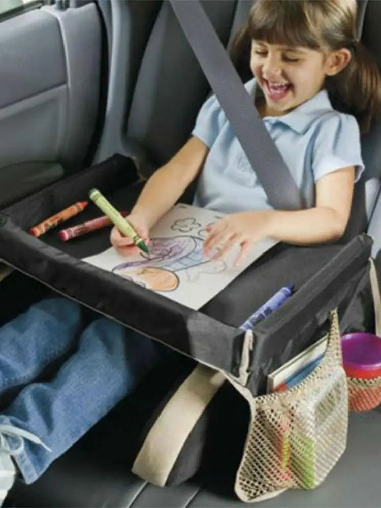 Car Seat Travel Tray Organizer for Kids - Waterproof Play Table with Cup Holder, Snack Storage & Toy Space for Babies and Strollers