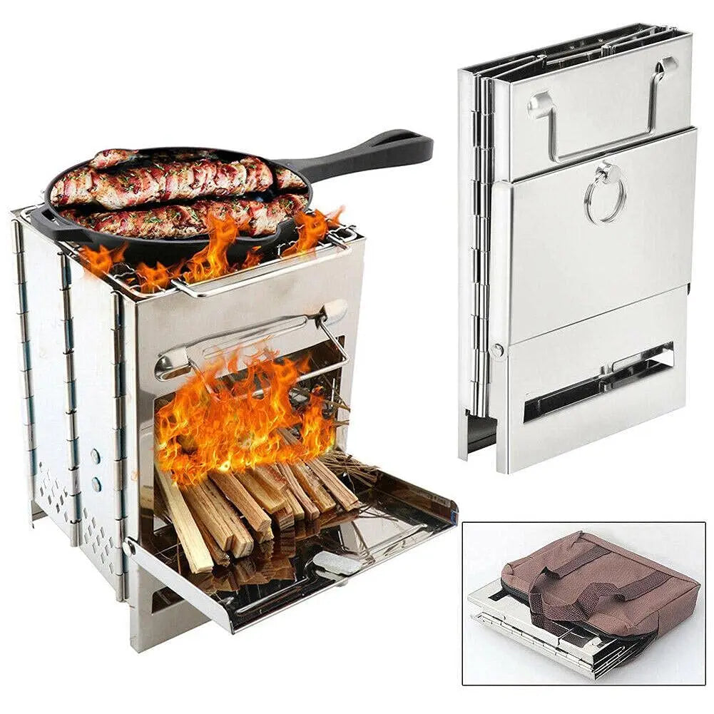 Portable Camping Wood Burning Stove - Folding Stainless Steel Campfire Stove for Outdoor Cooking, Hiking, and Picnics