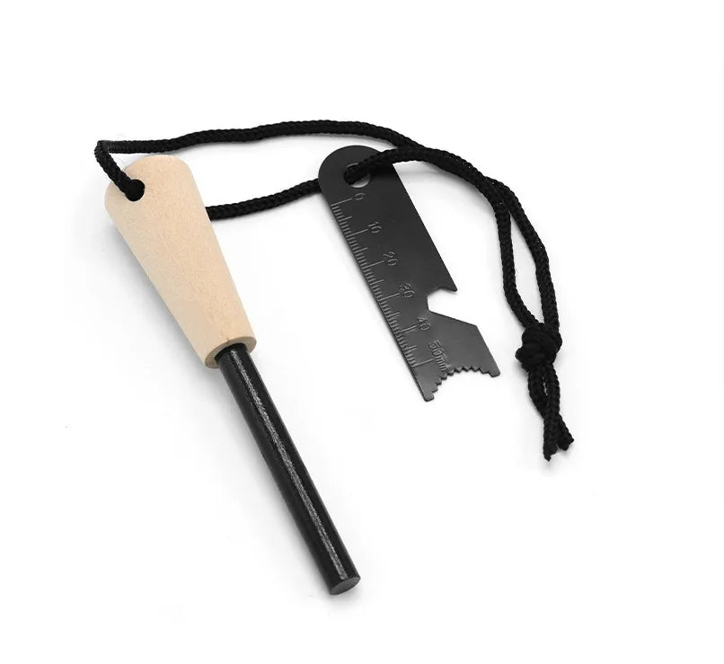 Outdoor Survival Flint Fire Starter with Wooden Handle - Multi-Tool Magnesium Rod and Waterproof Luminous Camping Fire Stick