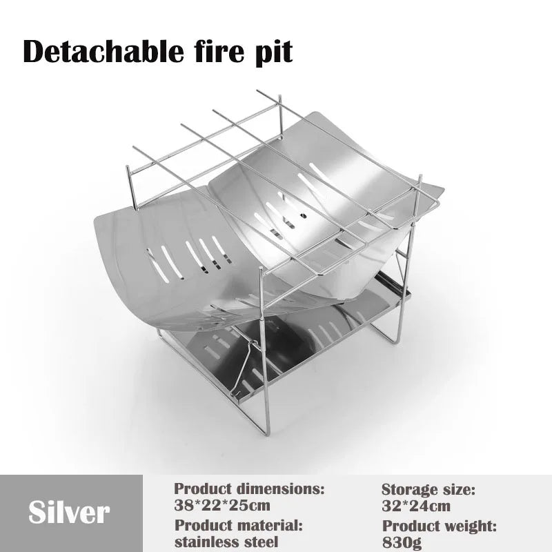 Portable Stainless Steel Fire Pit - Foldable Wood Burning Stove Mini BBQ Rack for Outdoor Camping