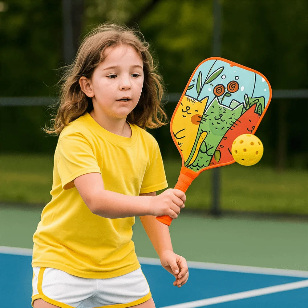 Cartoon Children's Pickleball Set with Colorful Rackets, Non-Slip Grip, and 2 Durable Balls