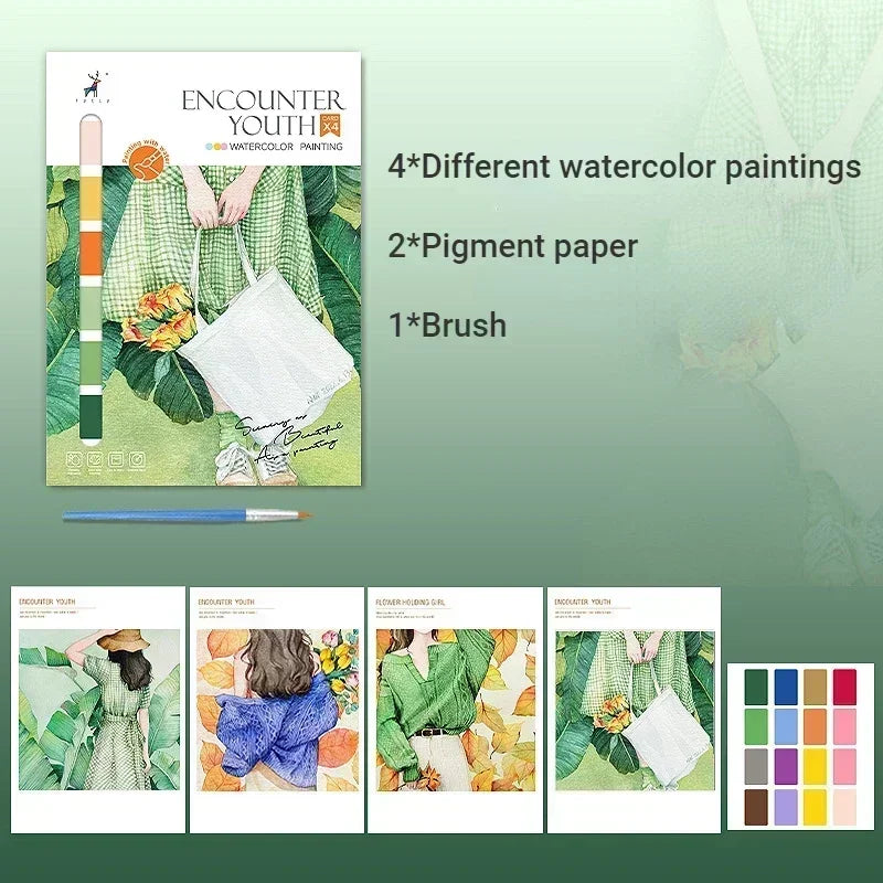 Portable Watercolor Painting Book with 4 Sheets - Kids Gouache Coloring Stationery and Graffiti Drawing Set with Paint Brush