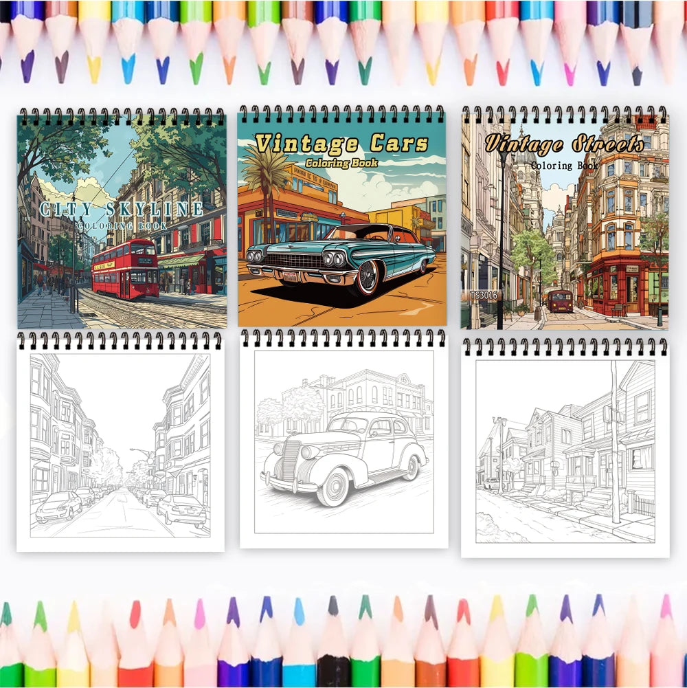 3pcs Illustrative Coloring Book Set - Car & Street Landscape Designs, Thick 30 Pages, Spiral Bound Stress Relief Gift