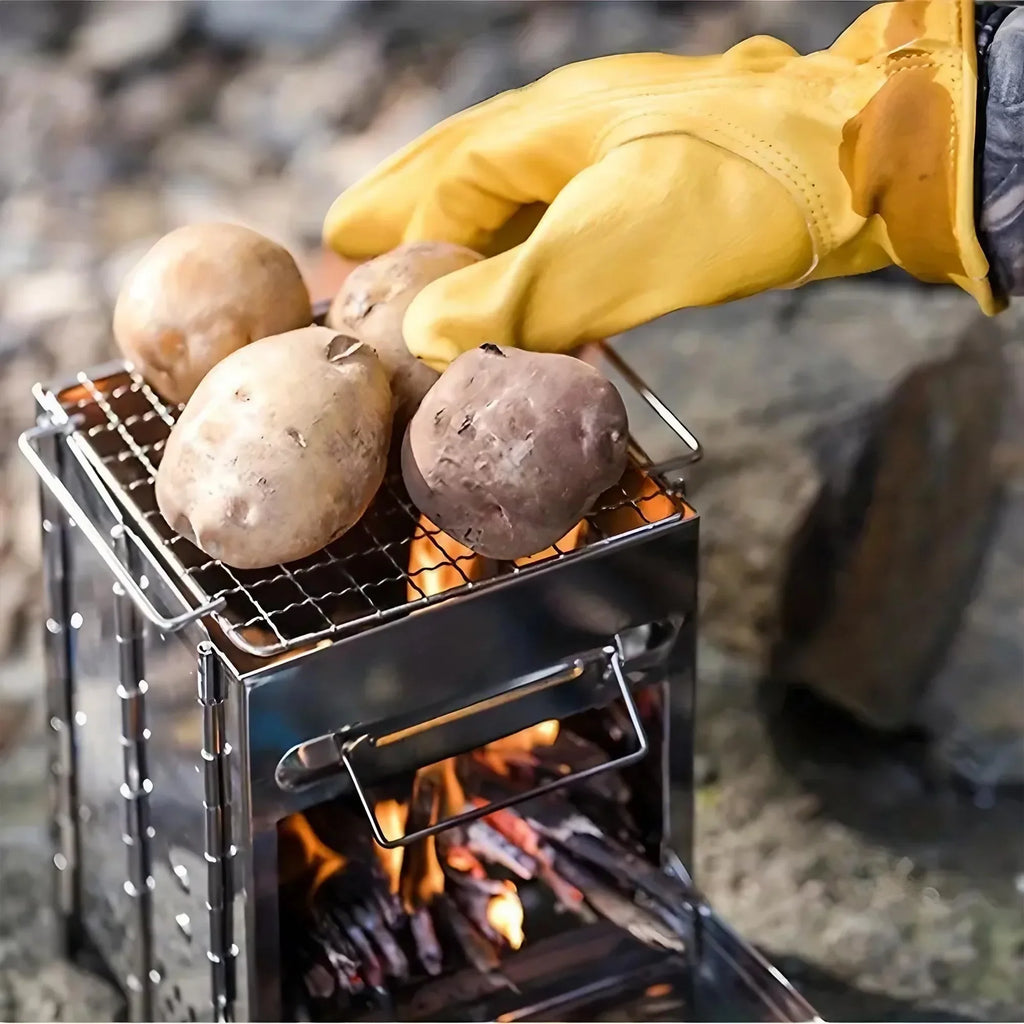 Square Wood Stove Outdoor Grill Mini BBQ Portable Camping Picnic Folding Grill for Home Kitchen Backyard Garden Cooking