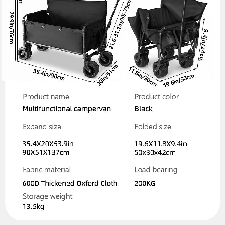 300kg Folding Wagon with Canopy & Seats - Heavy Duty Beach Cart for Camping, Picnic, and Grocery Shopping - Portable Utility Pull Cart