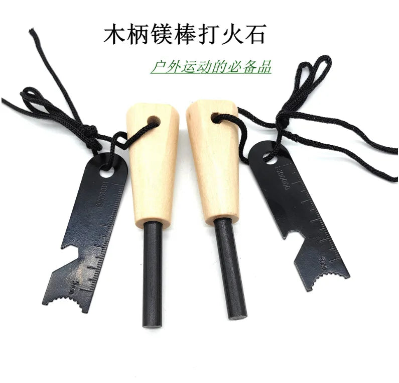 Outdoor Survival Flint Fire Starter with Wooden Handle - Multi-Tool Magnesium Rod and Waterproof Luminous Camping Fire Stick