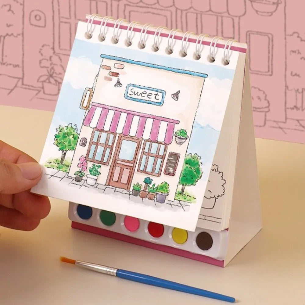 Portable House Coloring Book DIY - 20 Pages Watercolor Painting Set with 6 Colors for Toddler Arts and Crafts
