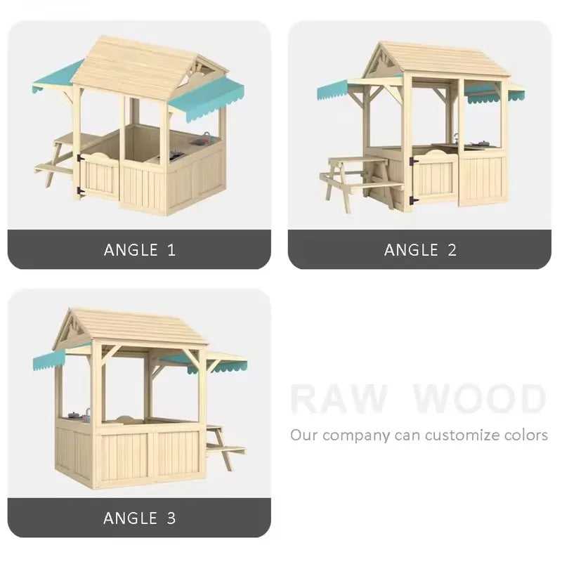 Wooden Kids Playhouse with Kitchen, Snack Bar & Picnic Bench - Outdoor Children’s Play House
