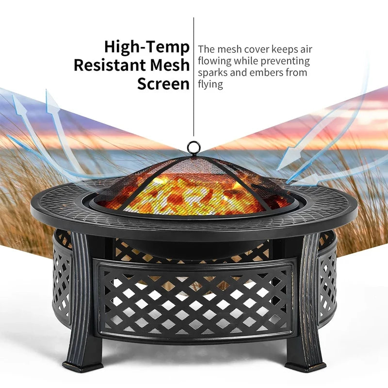 32-Inch Fire Pit Bowl with BBQ Grill - Outdoor Camping Firepit Set for Wood Burning and Garden Heating