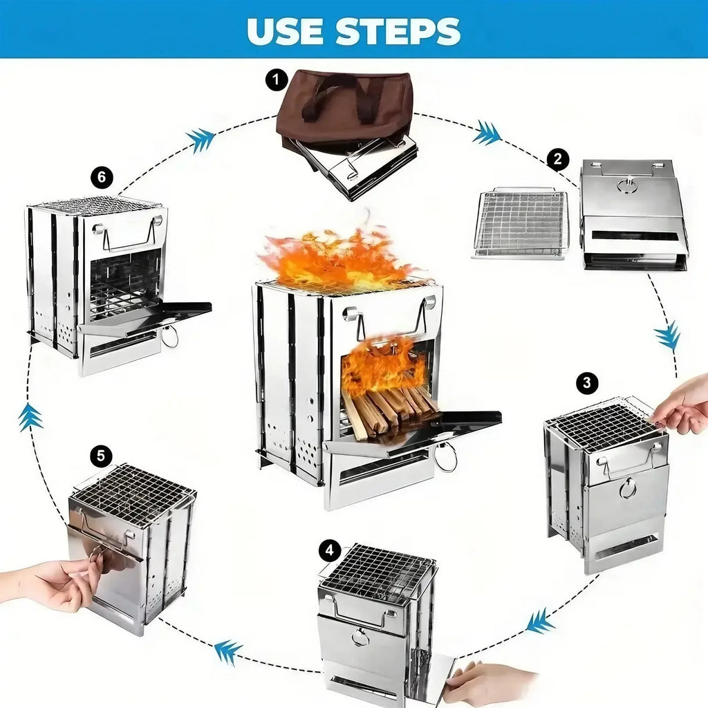 Square Wood Stove Outdoor Grill Mini BBQ Portable Camping Picnic Folding Grill for Home Kitchen Backyard Garden Cooking