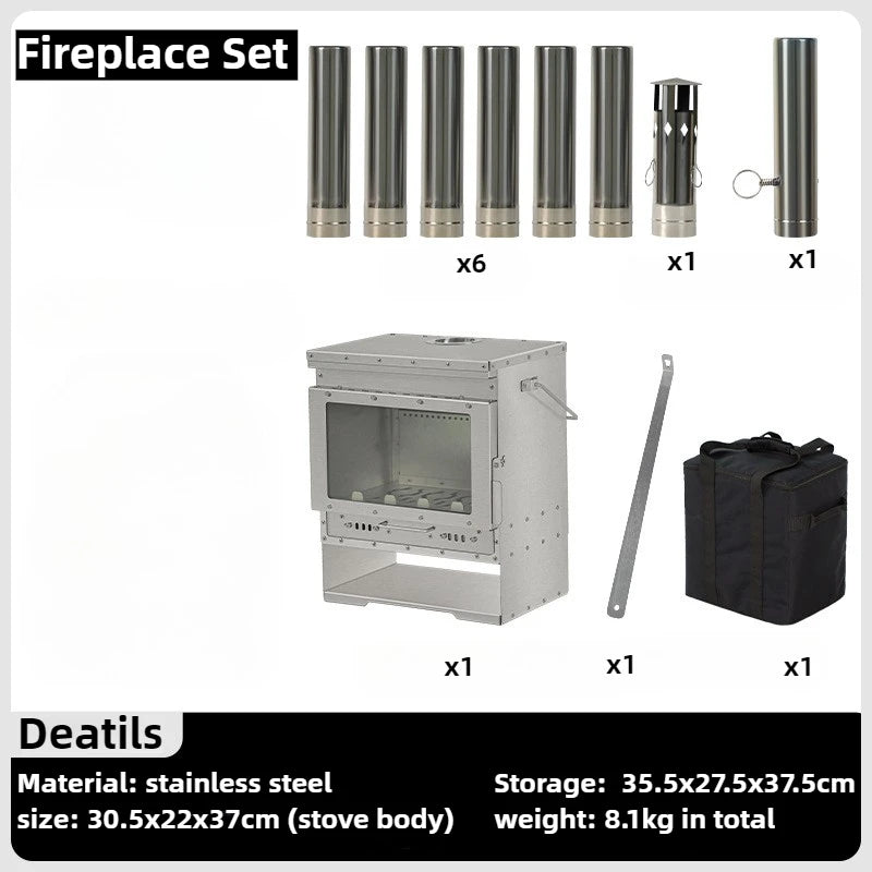 Stainless Steel Smokeless Fireplace with Secondary Burning for Camping Tent - Large Glass Window Wood Stove Firewood Heater Brazier