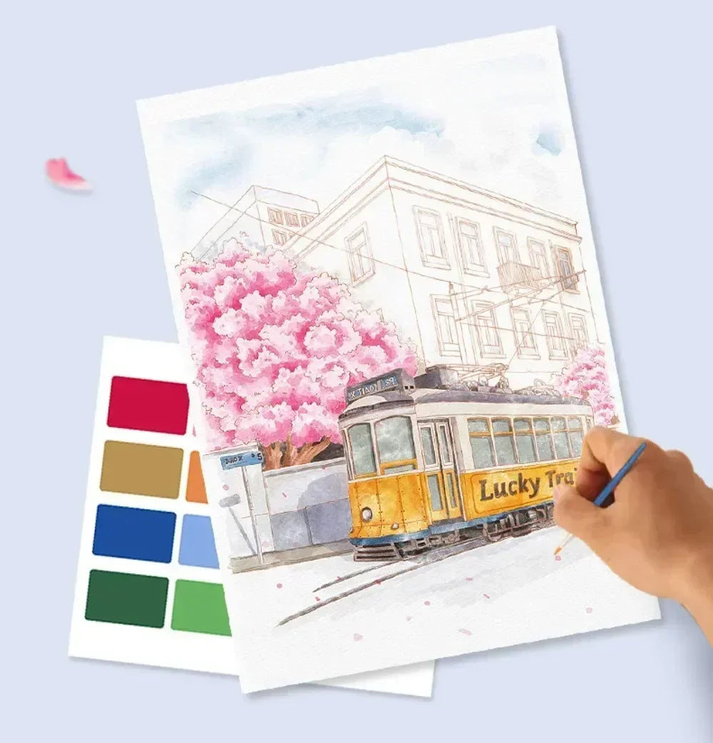 Portable Watercolor Painting Book with 4 Sheets - Kids Gouache Coloring Stationery and Graffiti Drawing Set with Paint Brush