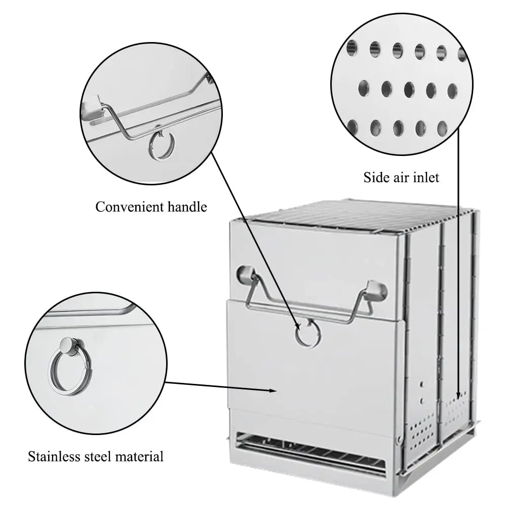 Portable Camping Wood Burning Stove - Folding Stainless Steel Campfire Stove for Outdoor Cooking, Hiking, and Picnics