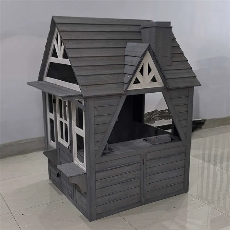Wooden Kids Playhouse with Kitchen, Snack Bar & Picnic Bench - Outdoor Children’s Play House