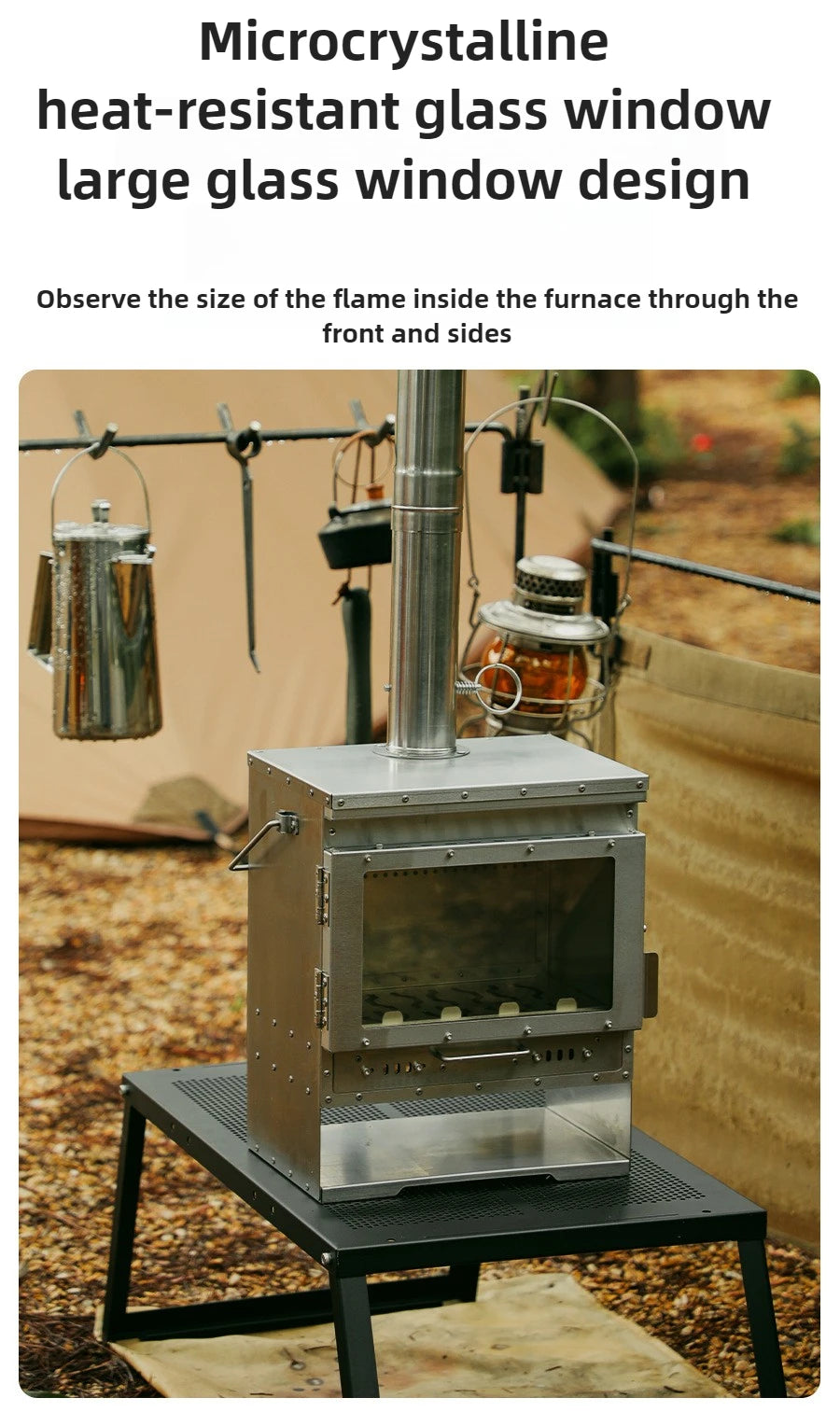 Stainless Steel Smokeless Fireplace with Secondary Burning for Camping Tent - Large Glass Window Wood Stove Firewood Heater Brazier