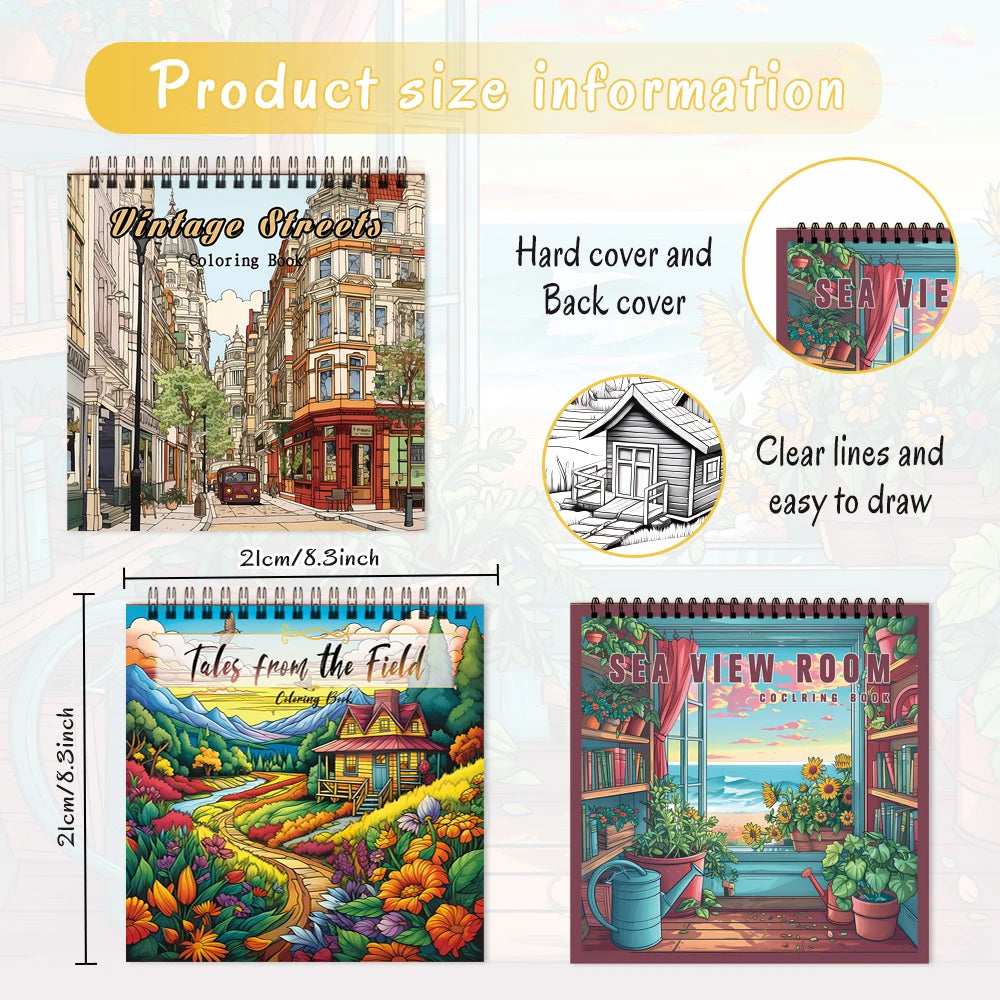 3pcs Cartoon Landscape Coloring Books – 30 Pages Each, Spiral Bound for Stress Relief and Relaxation, Ideal Gift Ideas