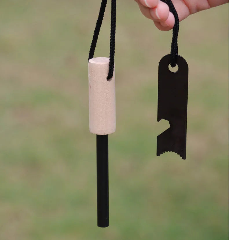 Outdoor Survival Flint Fire Starter with Wooden Handle - Multi-Tool Magnesium Rod and Waterproof Luminous Camping Fire Stick