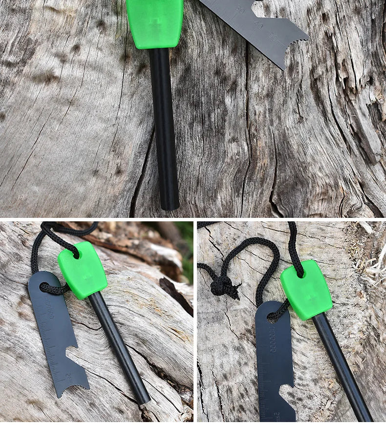Outdoor Survival Flint Fire Starter with Wooden Handle - Multi-Tool Magnesium Rod and Waterproof Luminous Camping Fire Stick