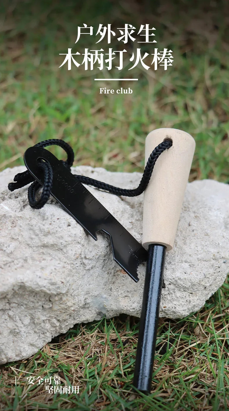 HOT Portable Outdoor Flint with Magnesium Sticks, Fire Tools, and Wooden Handle for Survival