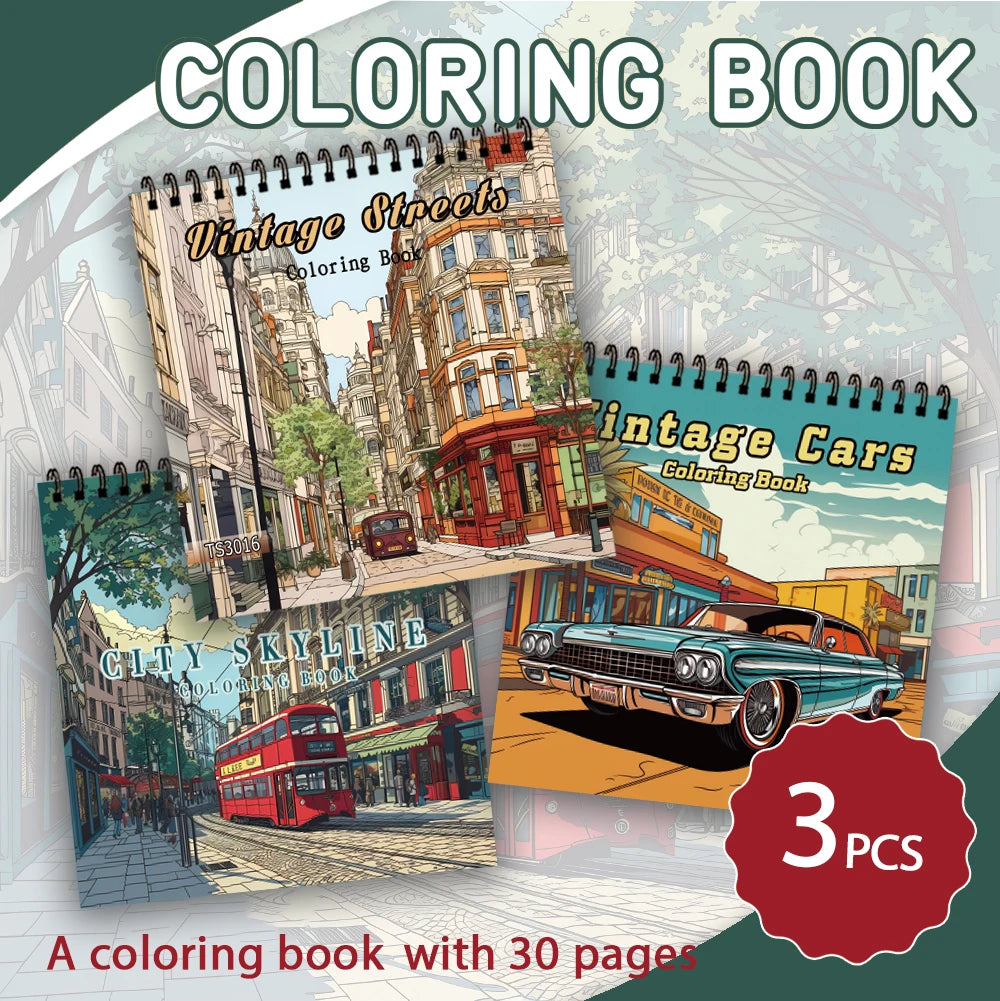 3pcs Illustrative Coloring Book Set - Car & Street Landscape Designs, Thick 30 Pages, Spiral Bound Stress Relief Gift