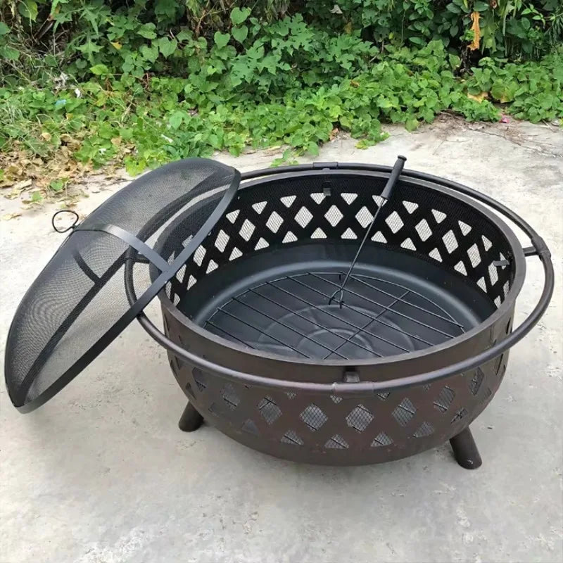 Large Outdoor Fire Pit with Spark Screen - Heavy-Duty Wood Burning Cross Fire Pit
