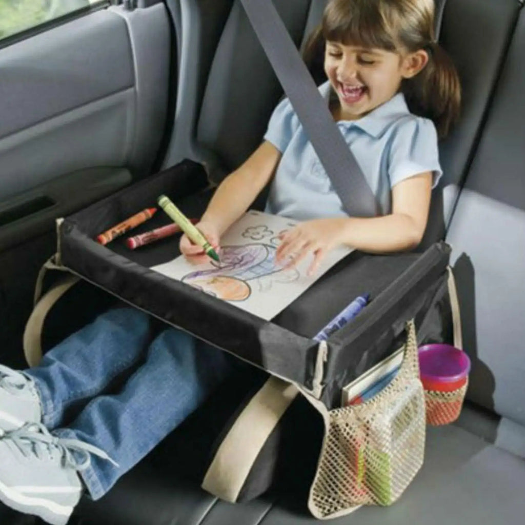 Car Seat Travel Tray Organizer for Kids - Waterproof Play Table with Cup Holder, Snack Storage & Toy Space for Babies and Strollers
