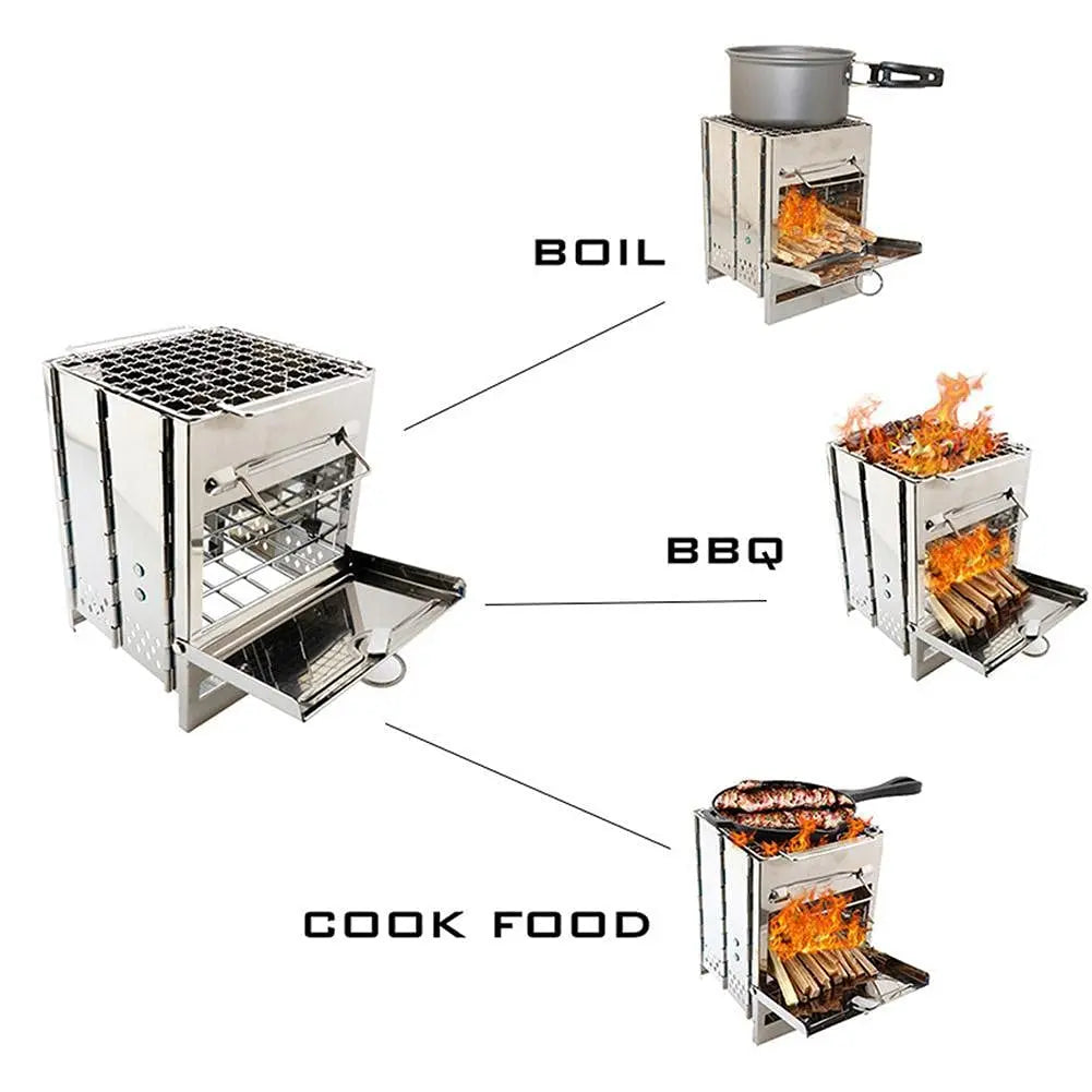 Portable Camping Wood Burning Stove - Folding Stainless Steel Campfire Stove for Outdoor Cooking, Hiking, and Picnics