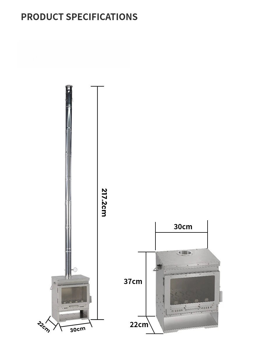 Stainless Steel Smokeless Fireplace with Secondary Burning for Camping Tent - Large Glass Window Wood Stove Firewood Heater Brazier