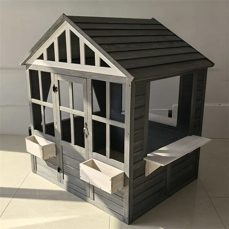 Wooden Kids Playhouse with Kitchen, Snack Bar & Picnic Bench - Outdoor Children’s Play House