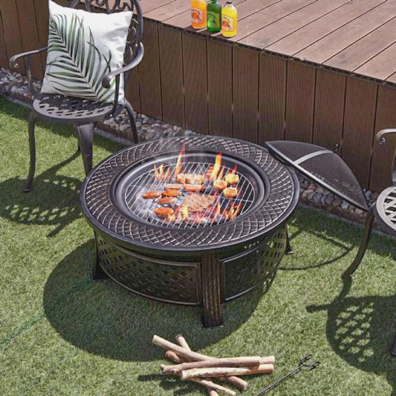 32-Inch Fire Pit Bowl with BBQ Grill - Outdoor Camping Firepit Set for Wood Burning and Garden Heating