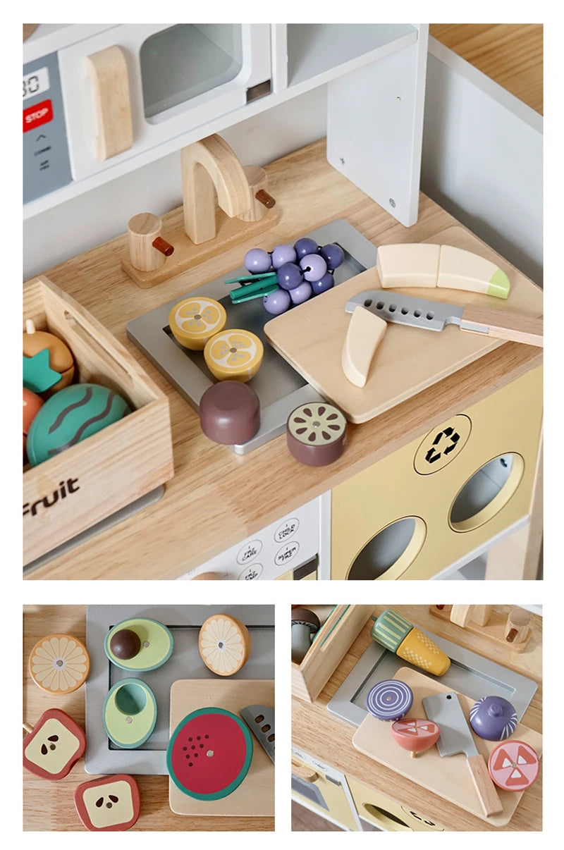 Children's Wooden Play Kitchen Set with Magnetic Cookies and Fruit Cutting - Pretend Play Baking Toys for Girls