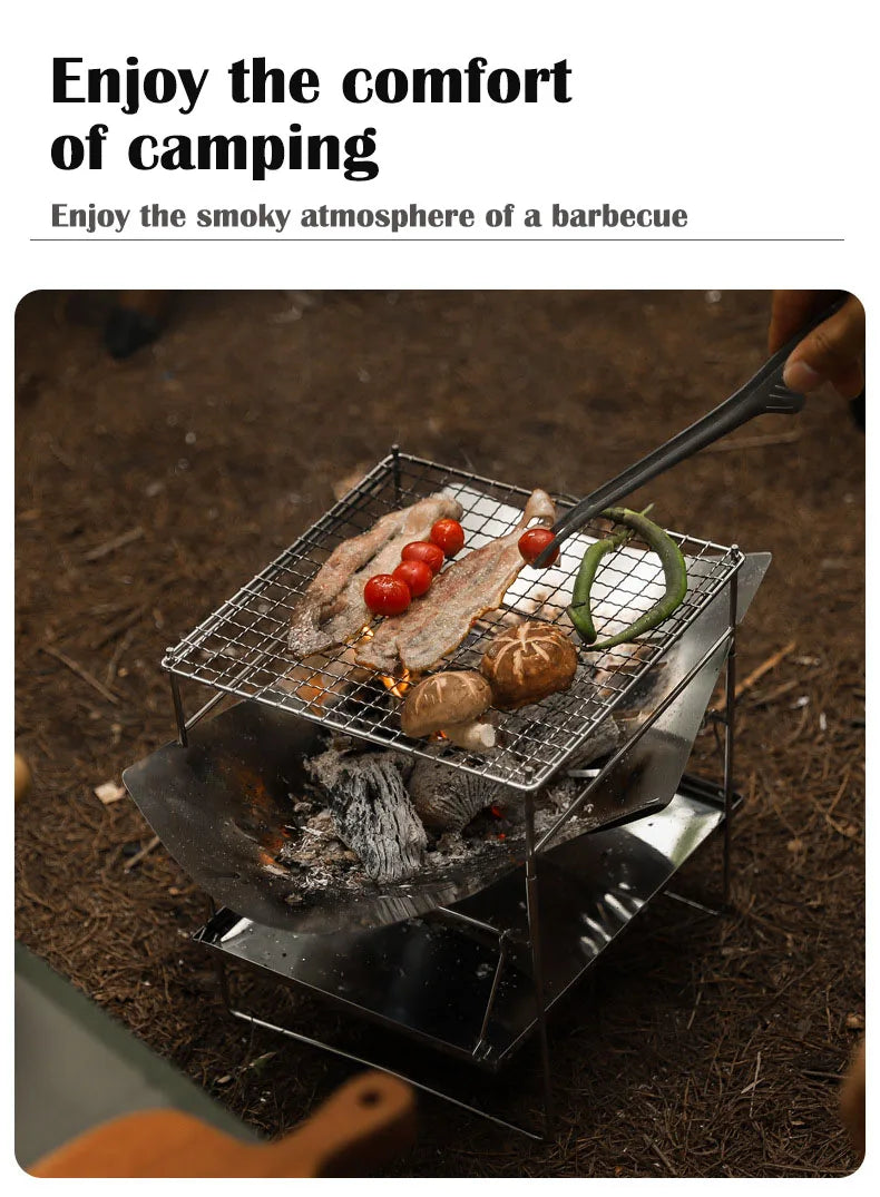 Portable Stainless Steel Fire Pit - Foldable Wood Burning Stove Mini BBQ Rack for Outdoor Camping