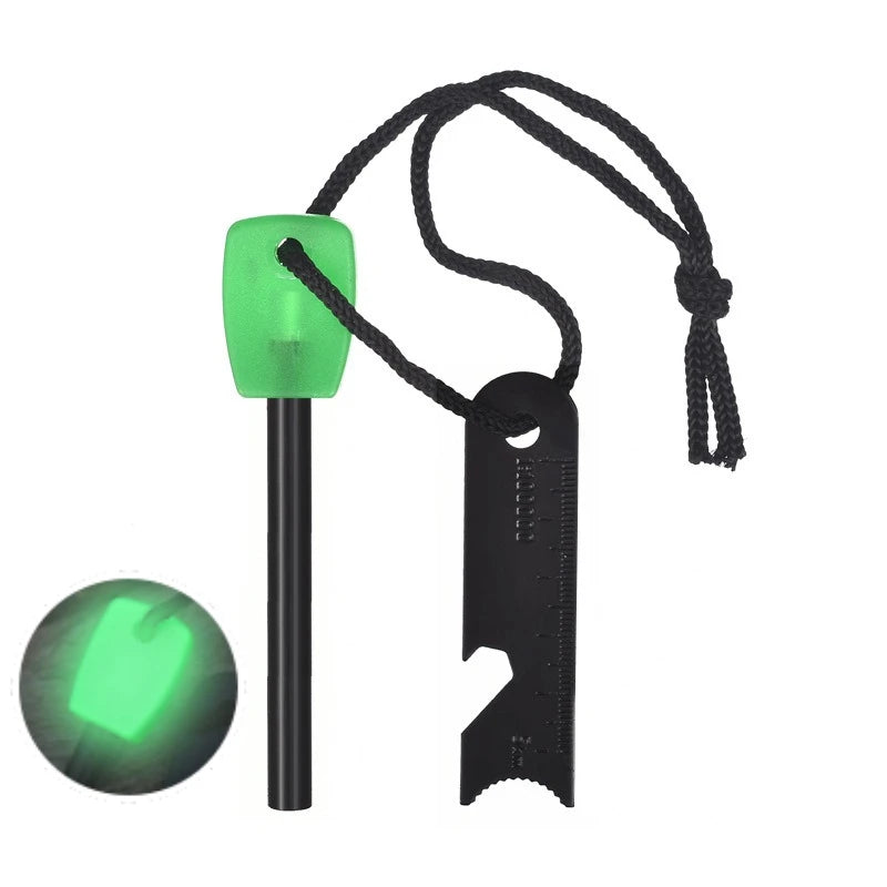 Outdoor Survival Flint Fire Starter with Wooden Handle - Multi-Tool Magnesium Rod and Waterproof Luminous Camping Fire Stick