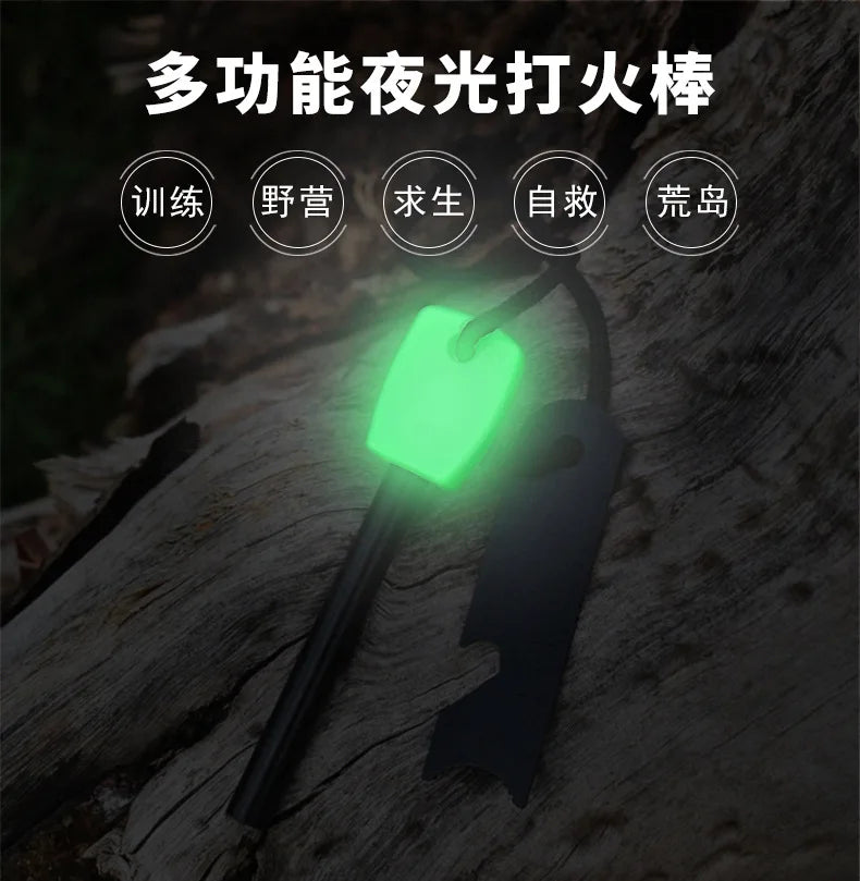 Outdoor Survival Flint Fire Starter with Wooden Handle - Multi-Tool Magnesium Rod and Waterproof Luminous Camping Fire Stick