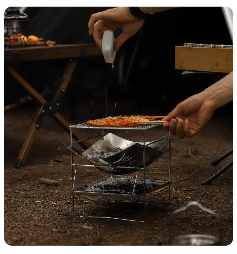Portable Stainless Steel Fire Pit - Foldable Wood Burning Stove Mini BBQ Rack for Outdoor Camping