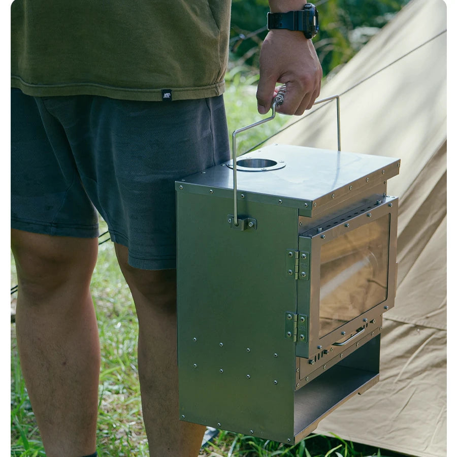 Stainless Steel Smokeless Fireplace with Secondary Burning for Camping Tent - Large Glass Window Wood Stove Firewood Heater Brazier