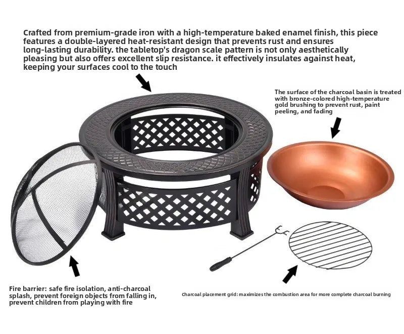Outdoor Multifunctional fire pit BBQ Table and Charcoal Oven for Garden and Terrace Cooking
