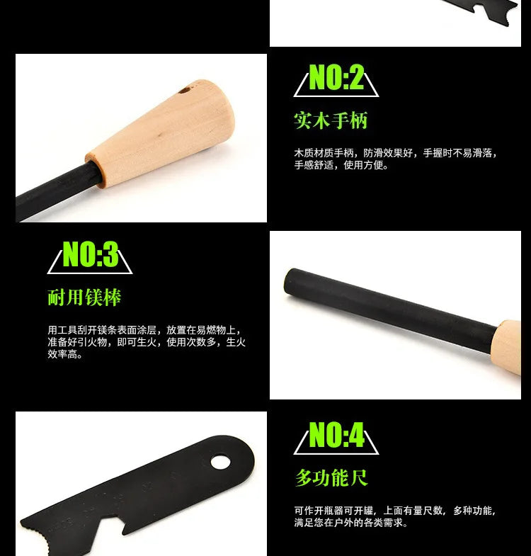 Outdoor Survival Flint Fire Starter with Wooden Handle - Multi-Tool Magnesium Rod and Waterproof Luminous Camping Fire Stick
